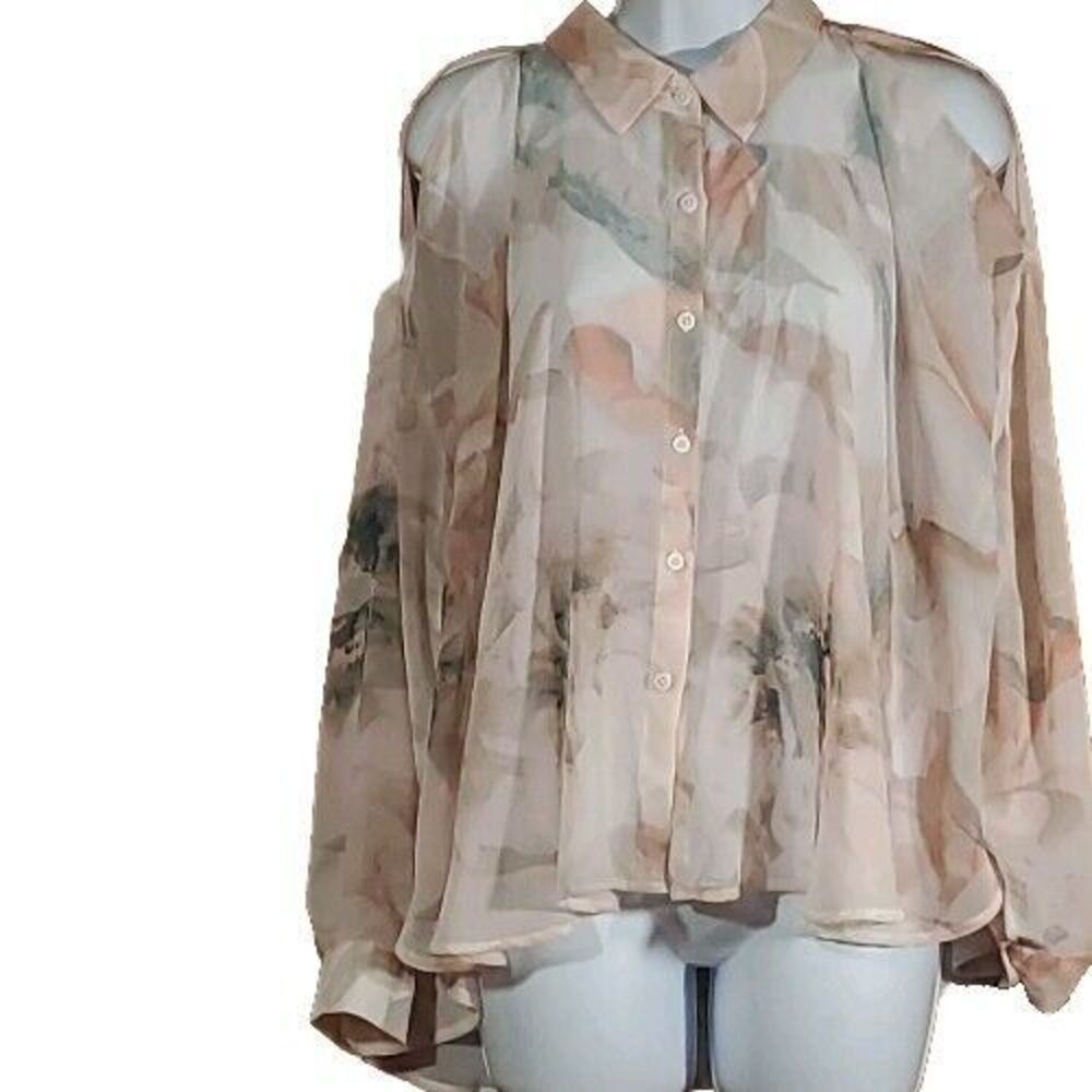 Jennifer Lopez Size LG Sheer Cold Shoulder Long Balloon Sleeve Button Down Shirt